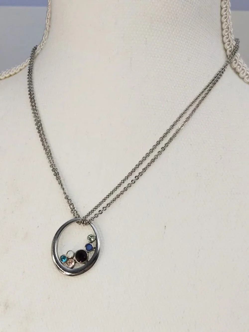 Lia Sophia Necklace Silver Tone Gemstone Circle Pendant with Multi Strand Chain